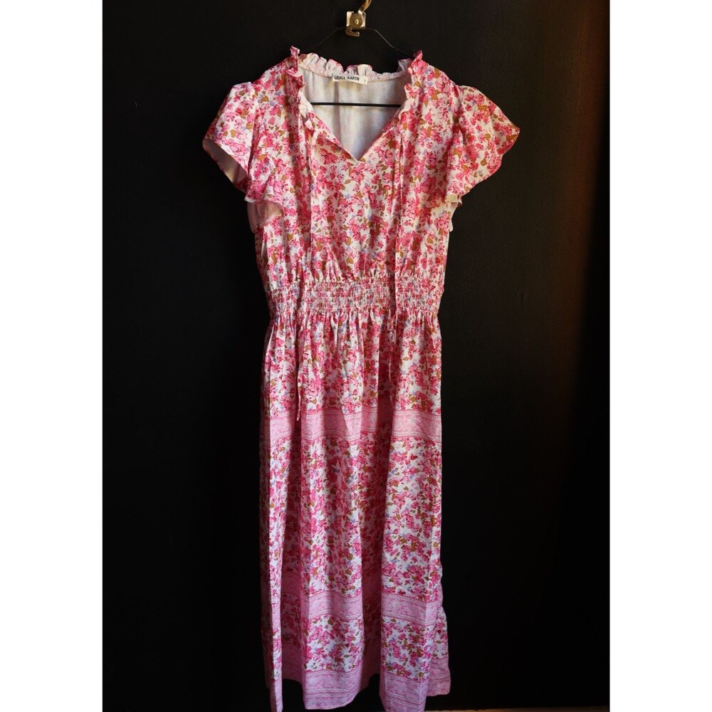 Grace Karin Pink Floral Maxi Dress Smocked V-Neck Ruffle Sleeve Boho Coquette M